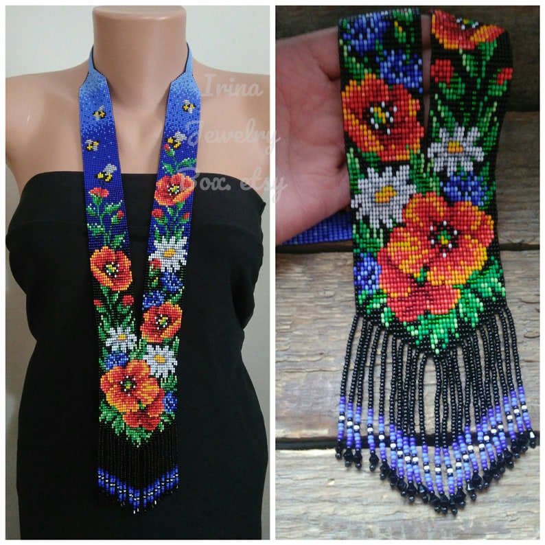 Flowers ethnic necklace,Wildflowers beaded necklace,Poppys Long seed bead necklace,Floral necklace for women,Beads jewelry,Gift for wifemom