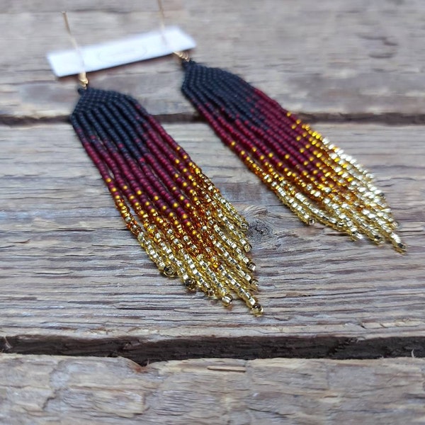 Long beaded earrings, black - burgundy - gold beads earrings, Bead fringe earrings, Jewelry for women, Handmade earrings, Gift for her