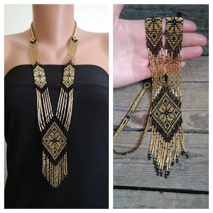 Black and gold seed bead necklace, Ukrainian beaded necklace, Seed bead necklace, long beaded necklace, Ukraine authentic beaded jewelry