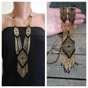 Perlenkette schwarz und gold, Ukrainische perlenkette, rocailles perlenkette, lange perlenkette, Ukraine authentischer schmuck