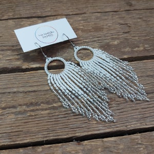 White - silver earrings, White beaded earrings,Shiny earrings, Hoop fringe earrings,  long gradient earrings, Wedding seed bead earrings