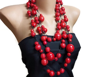 Red wooden necklace, Ukrainian necklace, Big bold necklace, Red beaded necklace from wood, Eco jewelry, Hand craft Ukraine necklace