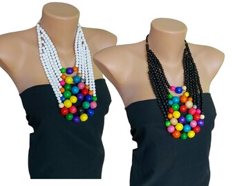 Collier en bois multicolore, collier coloré à plusieurs rangs, collier de perles de bois tendance, collier de perles en bois, bijoux d'été écologiques