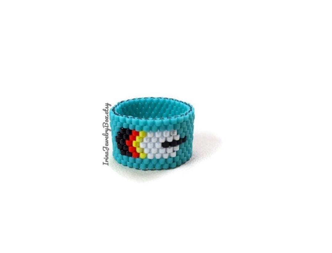 Feather Beaded Ring, Turquoise Seed Bead Ring Band, Handcraft Ring