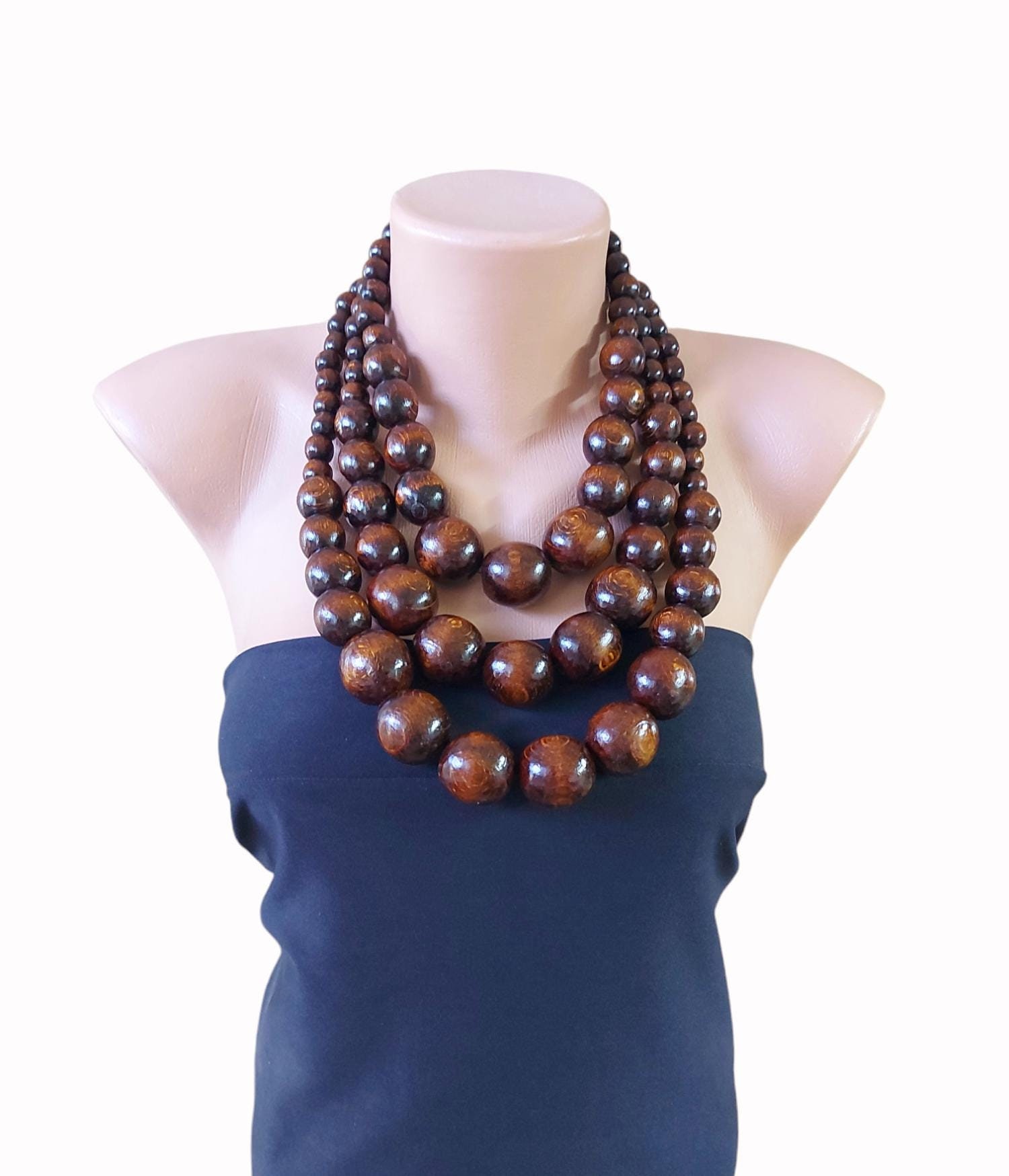 Brown big bold bead three-row necklace, Large wooden beads necklace, Statement necklace,  Chunky beaded necklace, Eco friendly necklce, Gift