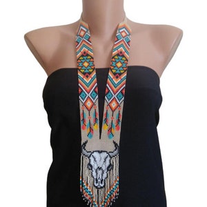 Cow skull beaded necklace Western style necklace Native style beaded necklaces Ethnic Long seed bead necklace Ethno jewelry Gift for him/her