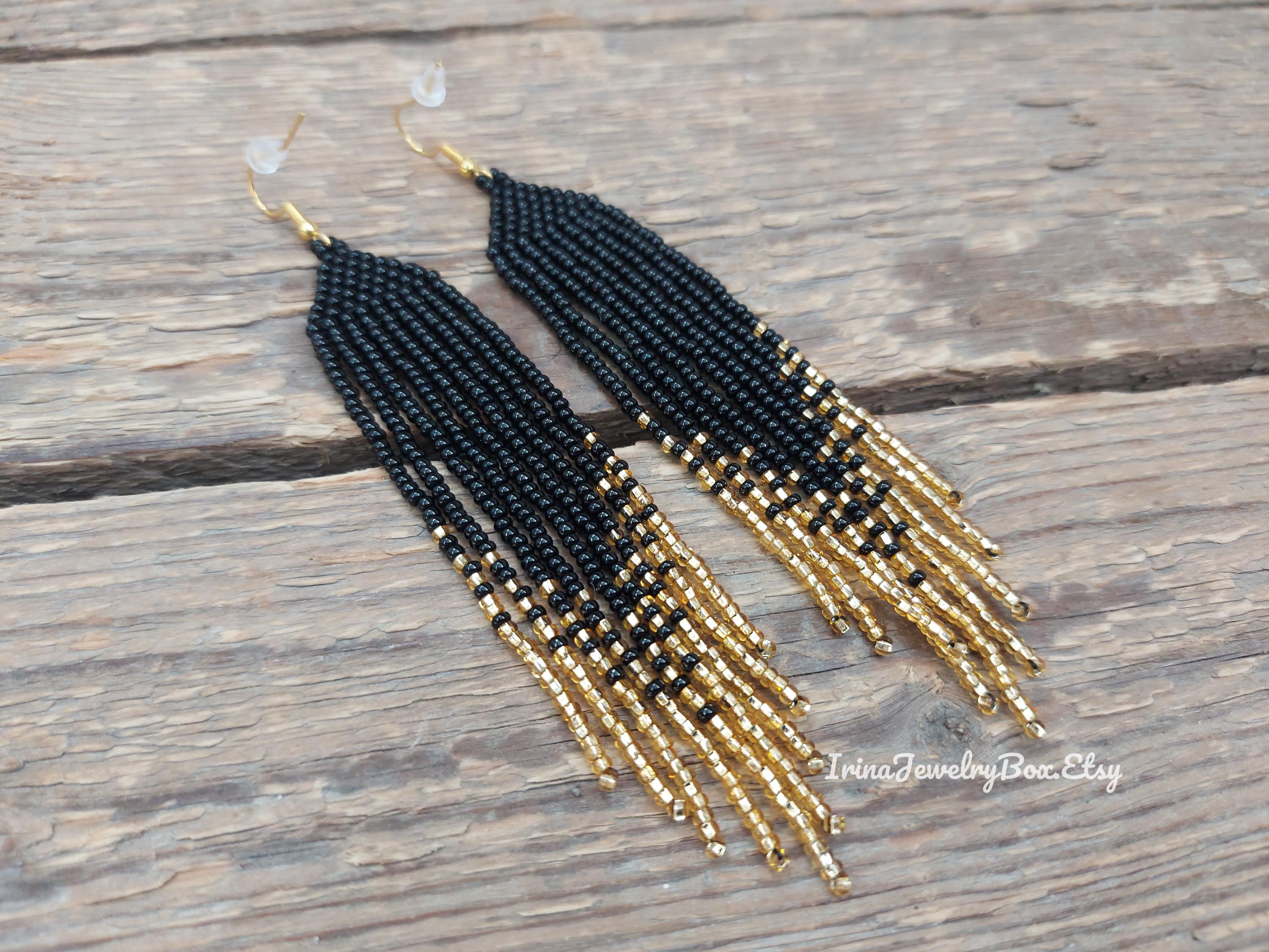 Black & Gold Bead Fringe Earrings, Beaded Earrings, Dange Seed Bead Earrings, From Black to Gold Long Beaded Earrings, Handcrafted Earrings - Etsy Black & Gold Bead Fringe Earrings, Beaded Earrings, Dange Seed Bead Earrings, From Black to Gold Long Beaded Earrings, Handcrafted Earrings - Etsy