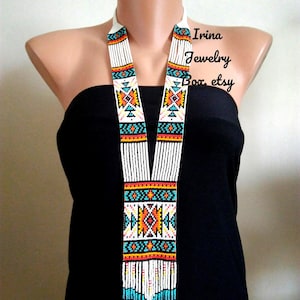 Ivory Beaded Necklace handmade on bedloom, Long Seed Bead Necklace, Geometric Jewelry Statement