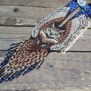 Owl beaded necklace, Night/ moon/ owl necklace, Long seed bead necklace, Bead loom necklace, Artisan Beadwork jewelry Handmade Gift for her