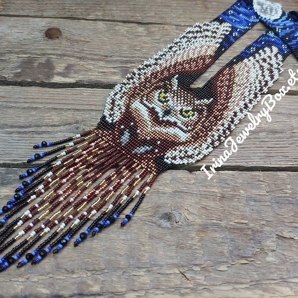 Owl beaded necklace, Night/ moon/ owl necklace, Long seed bead necklace, Bead loom necklace, Artisan Beadwork jewelry Handmade Gift for her