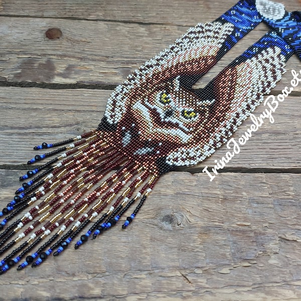 Collier de perles de hibou, collier de nuit/lune/hibou, collier de perles de rocaille long, collier de métier à tisser de perles, bijoux de perles artisanales cadeau fait à la main pour elle