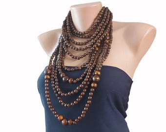 Chunky Multi-Strand Statement Jewelry, Brown/Mocha/Neutral Wooden Bead Necklace, Boho Style Long Necklace Handmade
