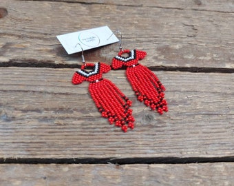 red dress beaded earrings Earrings: Fringe Beadwork, dangle Handmade in Nova Scotia designer hire Jewelry earrings long dress slacks PLEASE Size:Medium (10-12)