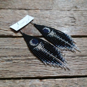 Crescent moon earrings, Beaded earrings moon phase, Sunset moon earrings, Bead fringe earrings, Black long seed beads earrings, Handmade