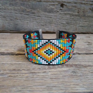 Turquoise bead loom bracelet,Cuff beaded bracelet,Handmade wide bracelet,Bead woven bracelet,Beadwork jewelry for man/women,Native style