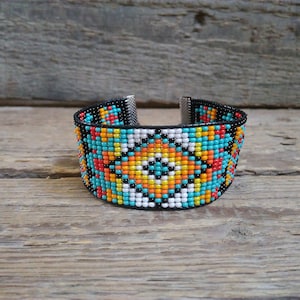 Turquoise beaded bracelet, Cuff seed bead bracelet, Handmade wide bracelet, Bead woven bracelet, Beadwork jewelry for man/ women