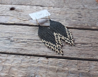 Black beaded earrings, Black with gold/ silver seed beads earrings, Bead fringe earrings, Chandelier earrings, Hand woven Bohemian earrings