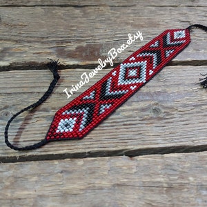 Burgundy - gray - black beaded bracelet, Ethno style bracelet, Bead loom bracelet, Seed bead bracelet, Cuff wrist bracelet, Handmade jewelry