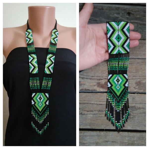 Green Long seed bead necklace, Beaded necklace, Bead loom Necklace, V Neck Necklace, Beadwork Jewelry Ethnic Gift for women man