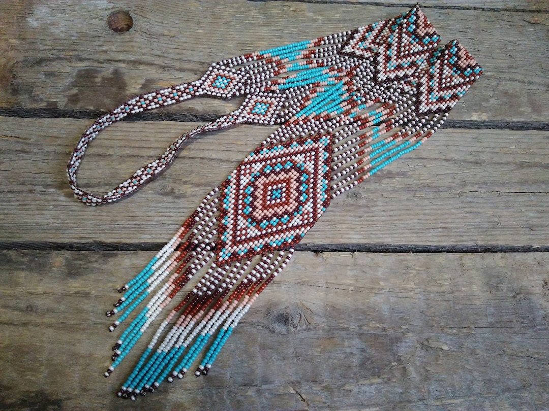 Turquoise Beaded Necklace, Long Seed Bead Necklace, Bead Loom Necklace ...