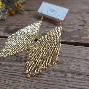 Gold beaded earrings,Sparkle gold earrings,Beads fringe earrings,Statement earrings,Handmade earrings,Beadwoork jewelry for women