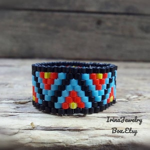 Beaded ring Blue Seed bead ring Geometric Modern ring band  statement ring band Seed bead jewelry Peyote ring Flat band