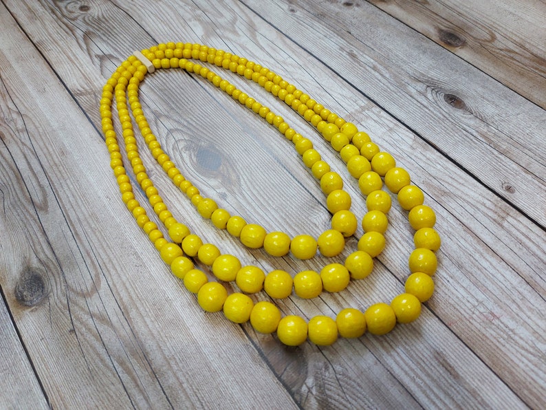 Three-row wooden necklace Statement bib necklace Eco friendly necklace Chunky beaded necklace Large bead necklace from wood for women Yellow