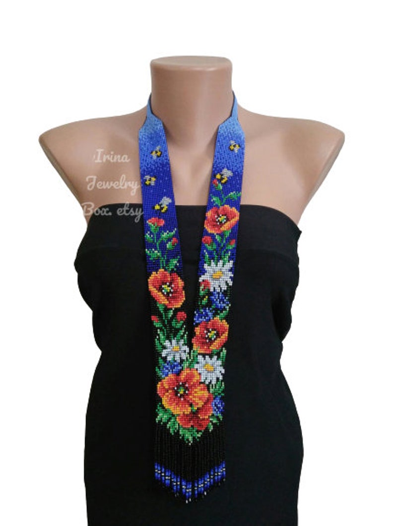 Flowers ethnic necklace,Wildflowers beaded necklace,Poppys Long seed bead necklace,Floral necklace for women,Beads jewelry,Gift for wifemom