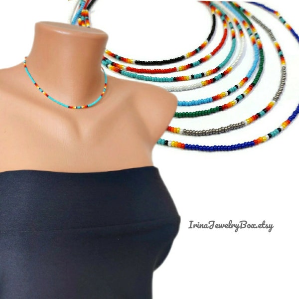Dainty beaded choker,Black/turquoise/white/green/blue/red sead bead choker,Simple tiny beads necklace,Boho choker,Beadwork choker, Jewelry