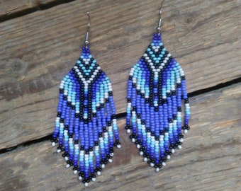 Blue beaded earrings,Ethnic earrings,Navy Blue  earrings,Beads fringe earrings,Dangling Earrings,Bohemian Earrings,Gift for women