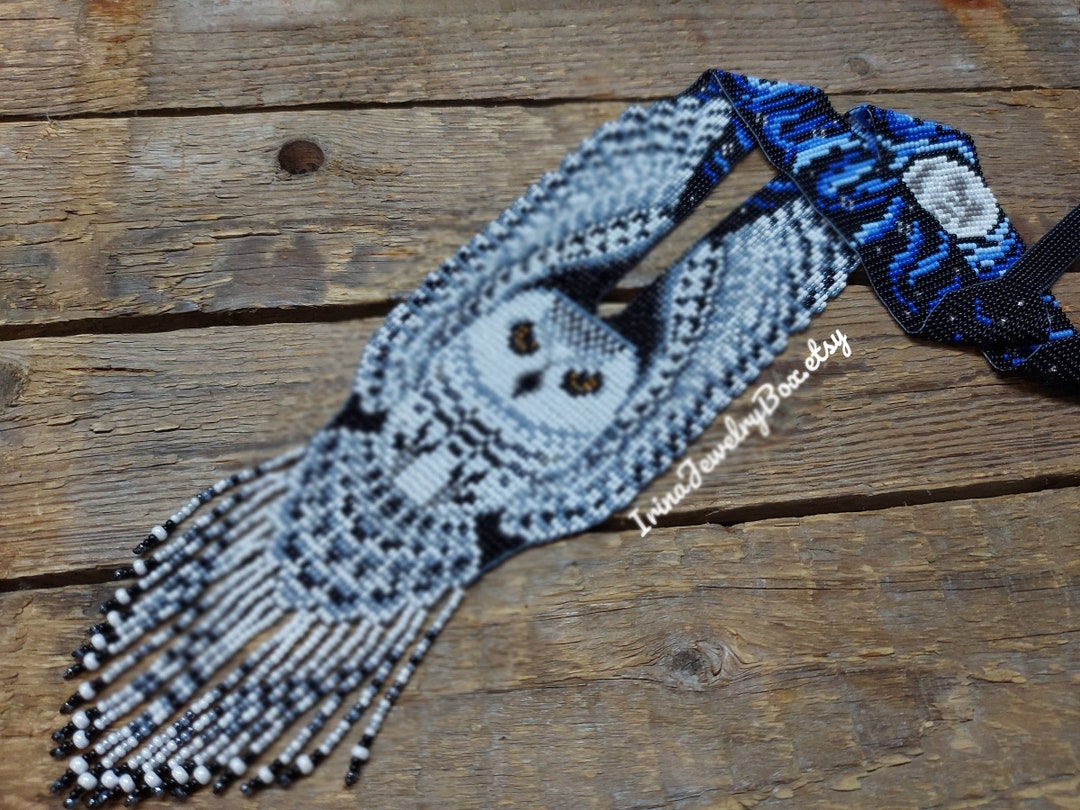 White Owl on Black Aster Flower Necklace