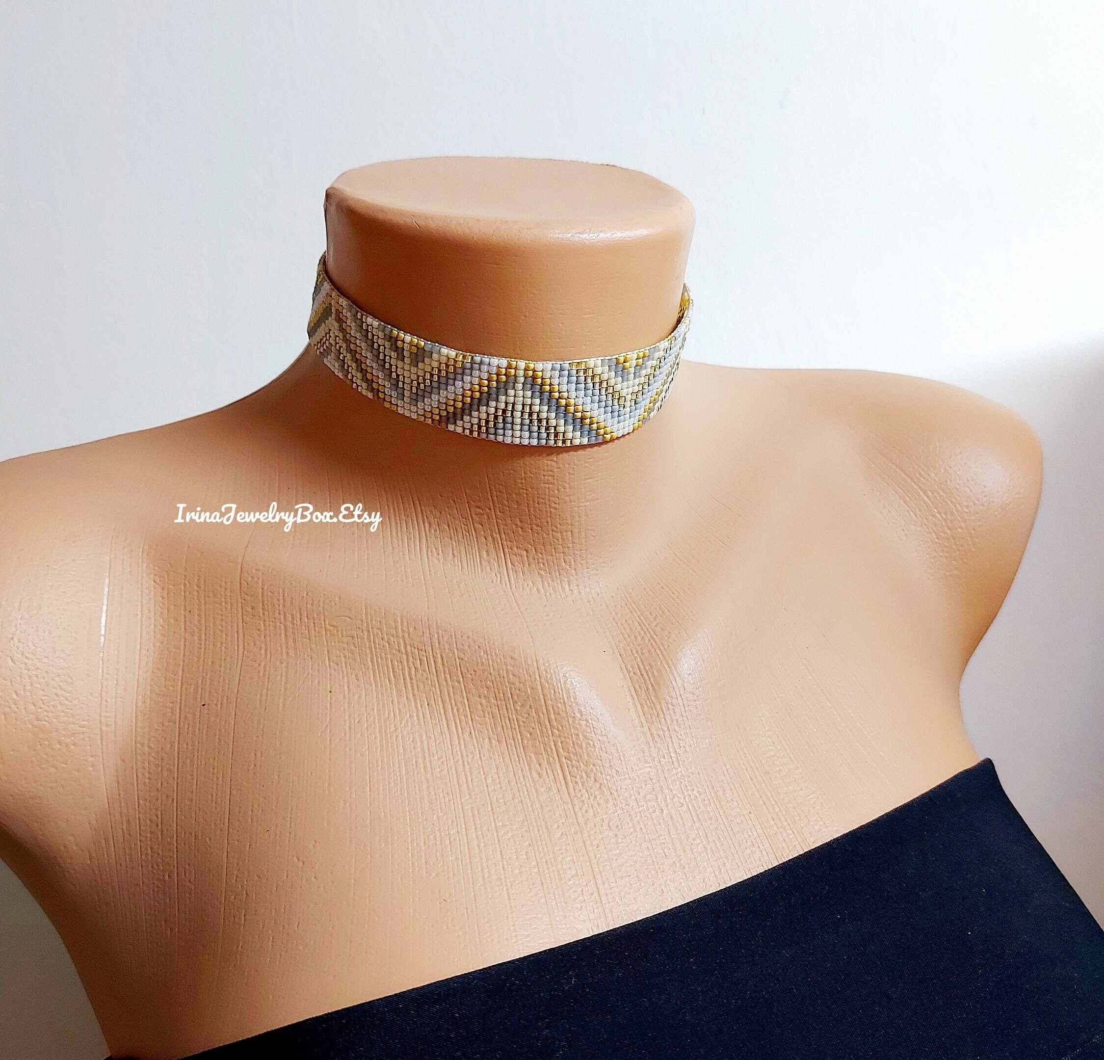 Gold Ivory Gray Beaded Choker, Geometric Pattern Necklace, Seed