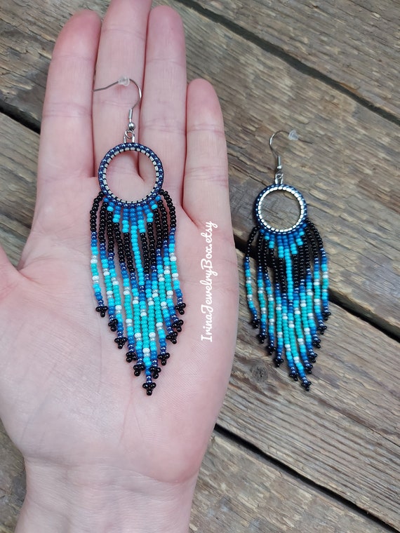 Black -turquoise Blue Beaded Earrings,fringe Hoop Earrings,beads