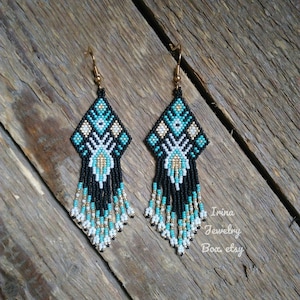 Turquoise - black beaded earrings, Beads fringe earrings, Seed bead earrings, Beaded jewelry for women, Handmade gift