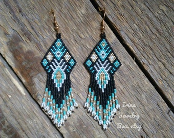 Turquoise - black beaded earrings, Beads fringe earrings, Seed bead earrings, Beaded jewelry for women, Handmade gift