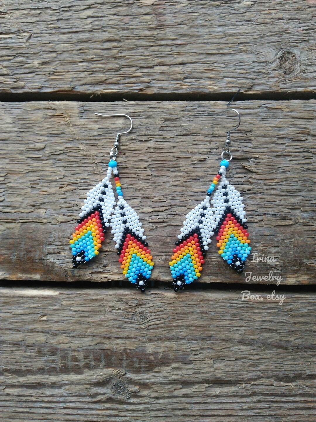 Feather Earrings Native Inspired Beaded Earrings White Etsy