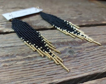 Black - gold beaded earrings, Bead fringe earrings, Gradient from black to gold, Seed bead earrings, Black earrings dangle, Gift for her