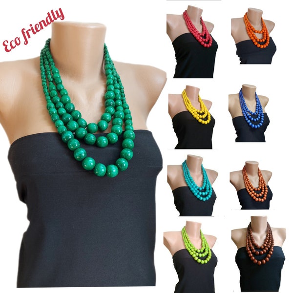 Three-Row Chunky Wooden Bead Necklace:  Statement Bib Necklace