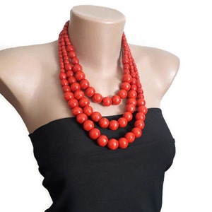 Three-row wooden necklace Statement bib necklace Eco friendly necklace Chunky beaded necklace Large bead necklace from wood for women Red