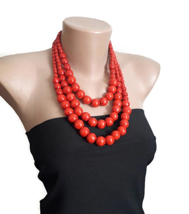 Three-row wooden necklace Statement bib necklace Eco friendly necklace Chunky beaded necklace Large bead necklace from wood for women Red