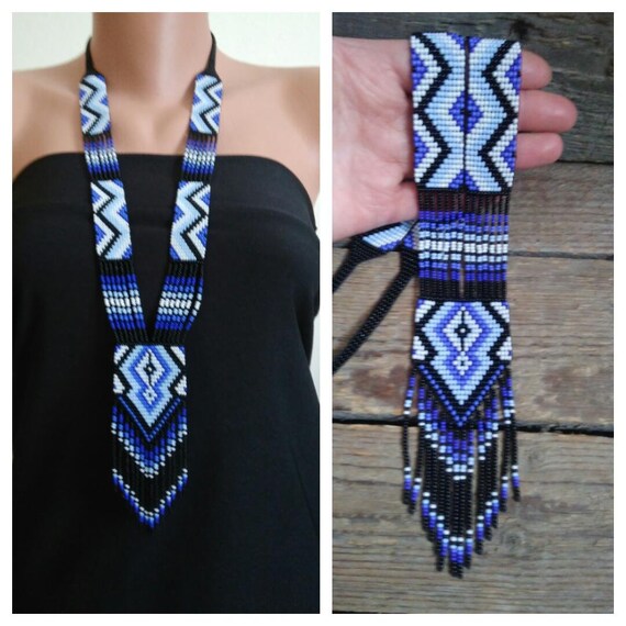 Blue Beaded Necklace Geometric Necklace Long Seed Bead Necklace Beads Necklace for Women men Bead Loom Necklace Beadwork Jewelry Etsy Canada