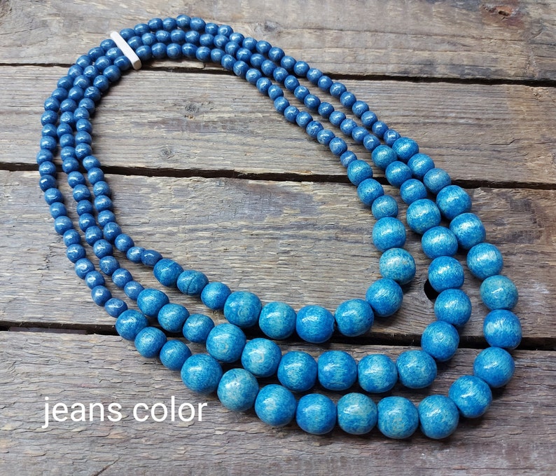 Three-row wooden necklace Statement bib necklace Eco friendly necklace Chunky beaded necklace Large bead necklace from wood for women jeans color