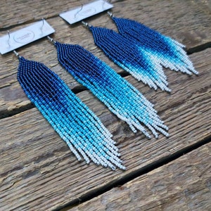 Royal blue ombre earrings,Beaded earrings, Bead fringe earrings, Long earrings, Seed bead earrings, Bead woven earrings, Handmade jewelry