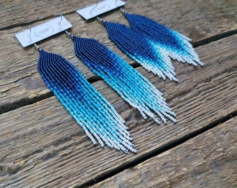 Royal blue ombre earrings,Beaded earrings, Bead fringe earrings, Long earrings, Seed bead earrings, Bead woven earrings, Handmade jewelry