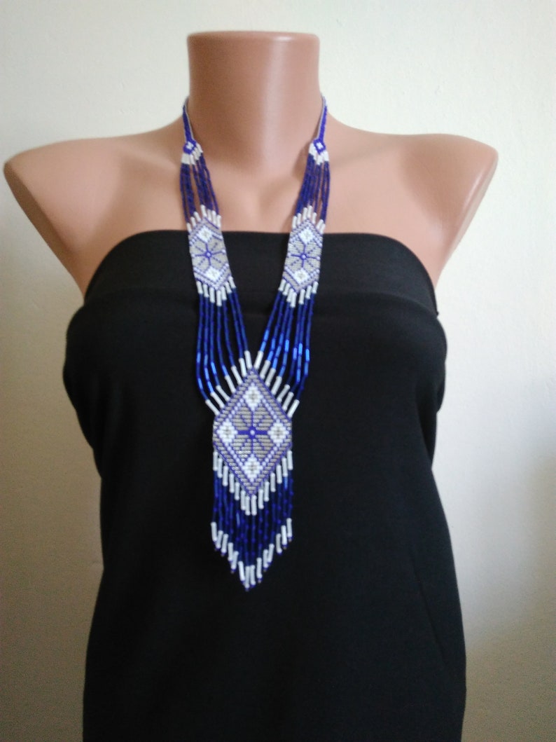 Navy Blue Seed Bead Necklaceukrainian Beaded Necklacenative Etsy