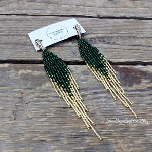 Green - gold ombre earrings, Dark green beaded earrings, Long dangle earrings, Bead fringe earrings, Bohemian earrings, Gift for her