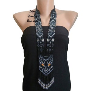 Panther necklace, Black beaded necklace, Cougar cat Ethnic long seed bead necklace, Artisan necklace, Handmade jewelry, Gift for her/ him