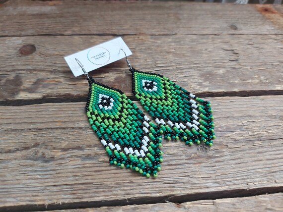 Green Beaded Earrings,bead Fringe Earrings,seed Bead Earrings