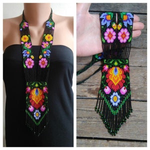 Ethnic necklace with flower,Mexican necklace,Colorful beaded necklaces,Ethno style jewelry,Long seed bead necklace,Huichol Necklace