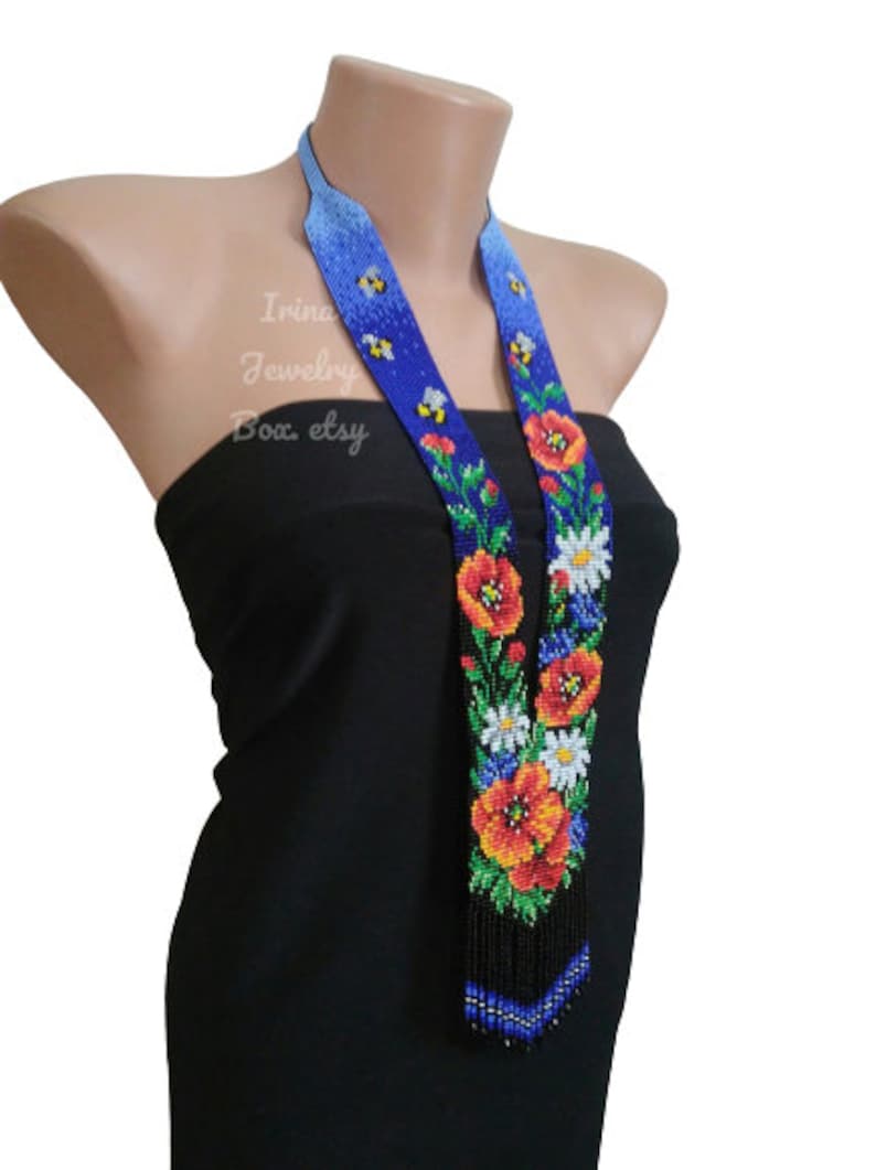 Flowers ethnic necklace,Wildflowers beaded necklace,Poppys Long seed bead necklace,Floral necklace for women,Beads jewelry,Gift for wifemom